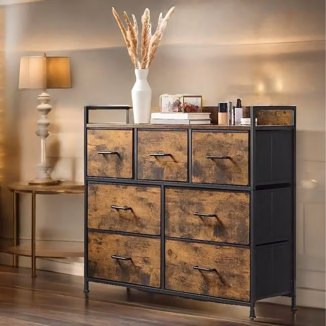 Pirlo Plush Industrial Metal Chest with 7 Fabric Drawers in Brown