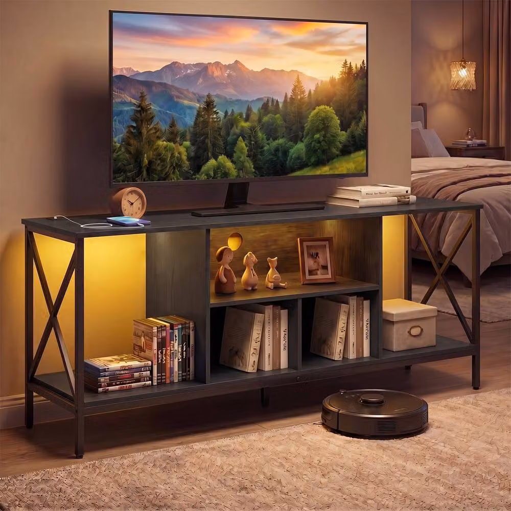 Gymax Modern Black TV Stand with Integrated LED Lighting and Power Outlets – 3