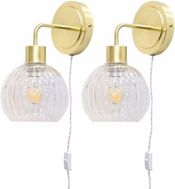 First Choice Lighting Toby Set of 2 Plug-in Wall Lights in Gold and Brass with Transparent Glass Shades