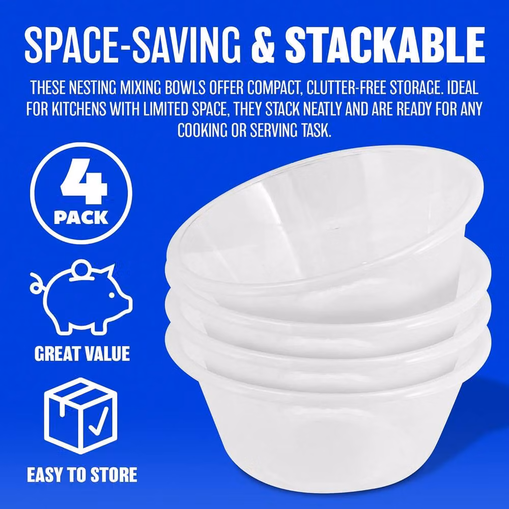 BARGAINS-GALORE Set of 4 Transparent Plastic Round Nesting Deep Mixing Bowls, Diameter: 30 cm – 5