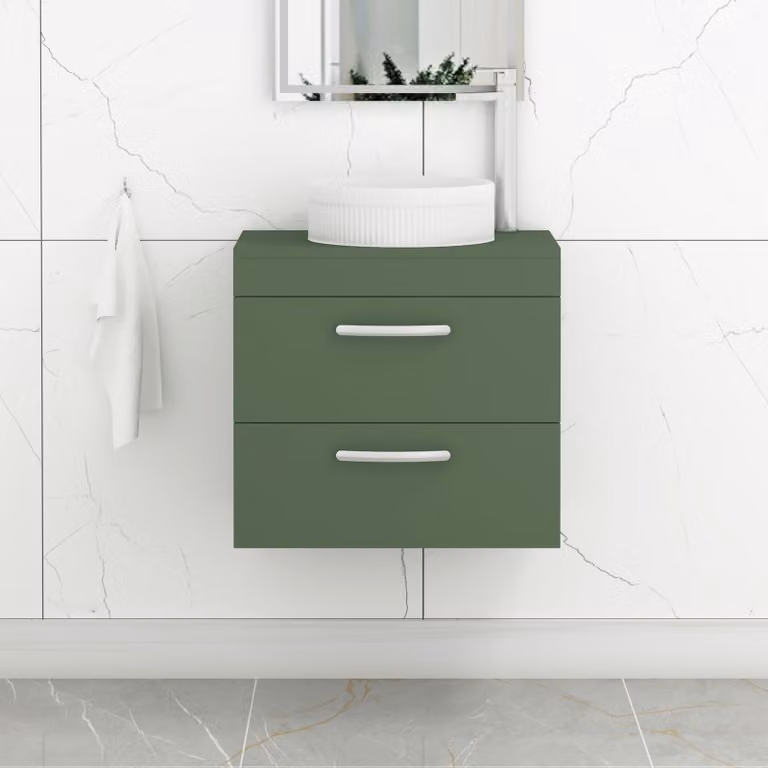 Royal Bathrooms Turin 800mm Wall Hung Vanity Unit with 2 Drawers and Round Countertop Basin in Matt Green with Matt Black Handles