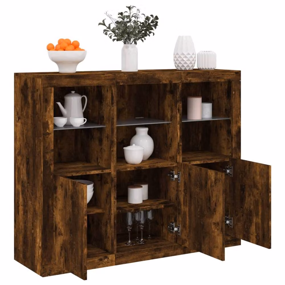 Berkfield Home Set of 3 Modern Sideboards with Integrated LED Lighting in Smoked Oak Brown – 2