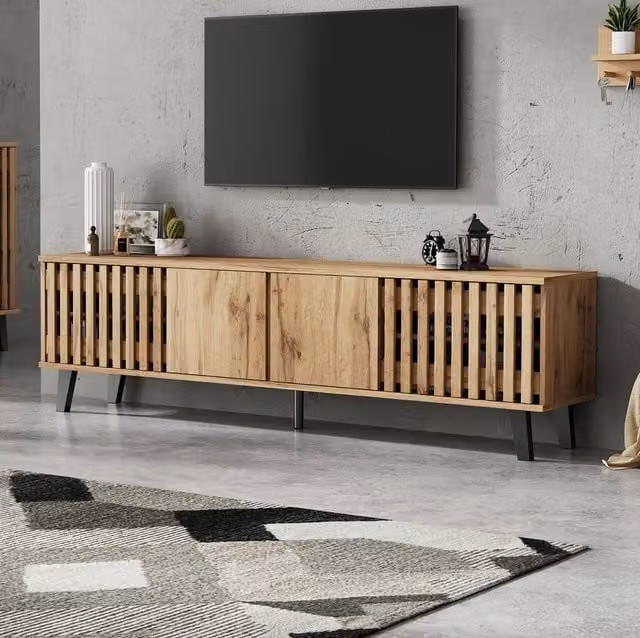 STILVORA TV Stand with 4 Doors and 8 Shelves, Natural Wood Effect Brown, W: 180 cm, D: 40 cm, H: 55 cm – 1