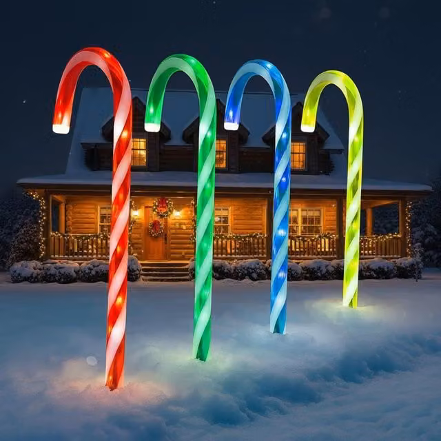 Almineez 4 Candy Cane Multi Coloured LED Light Up Garden Stakes, Height: 50 cm