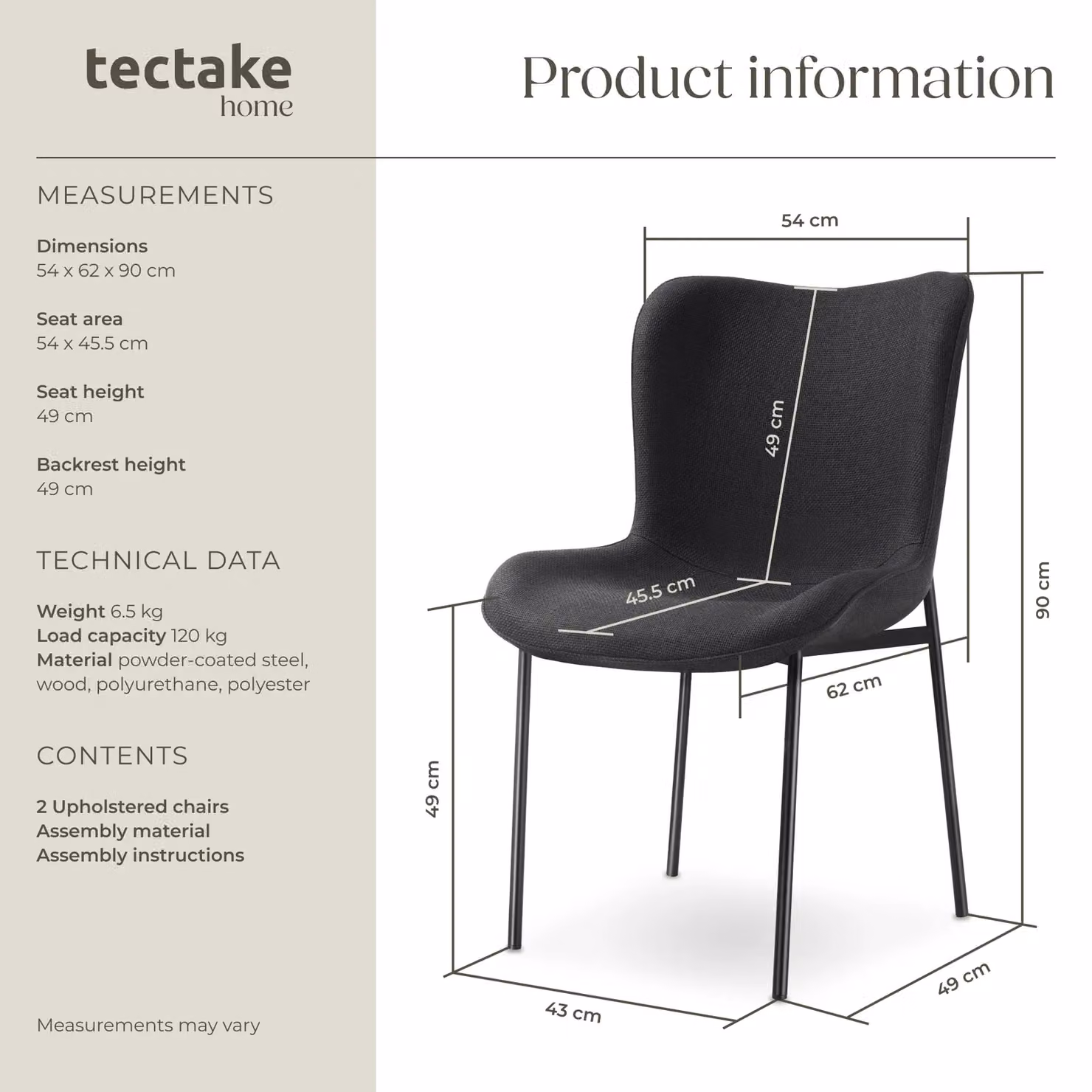 tectake Tessa Set of 2 Dining Chairs in Black Woven Fabric – 6