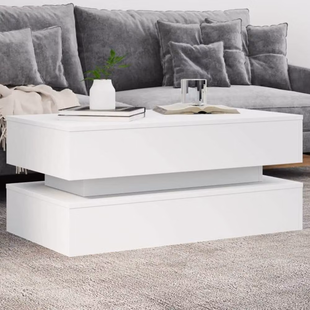 Berkfield Home Modern White Coffee Table with LED Lights W/D/H: 90 x 50 x 40 cm – 1