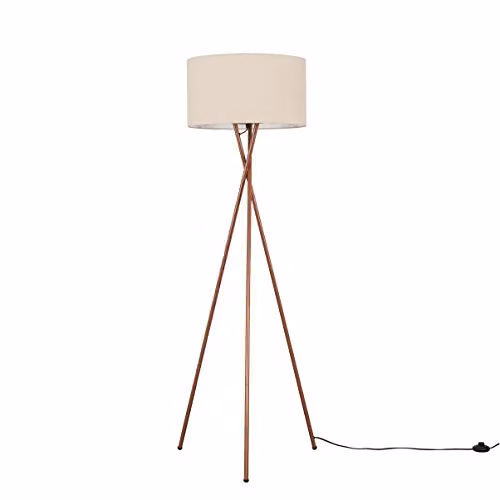 MiniSun Camden Copper Metal Tripod Floor Lamp with Beige Fabric Cylinder Shade – 1