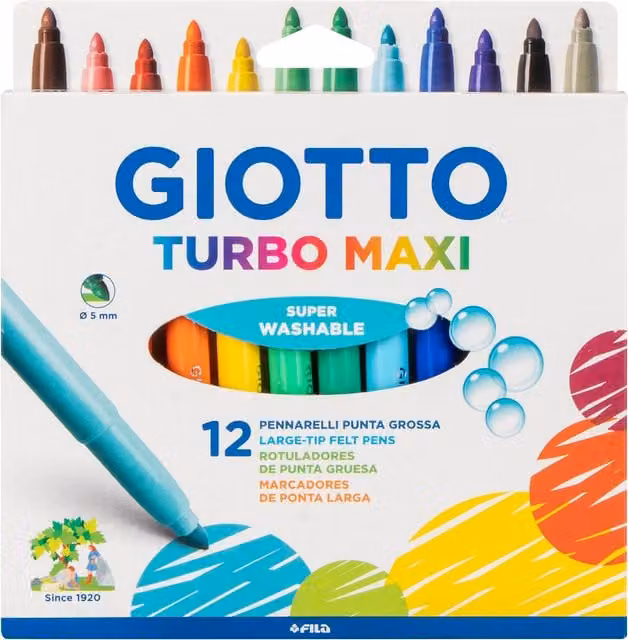 Giotto Turbo Maxi Super Washable Felt Tip Fibre Pens with 5mm Broad Nib, 12 Assorted Colours