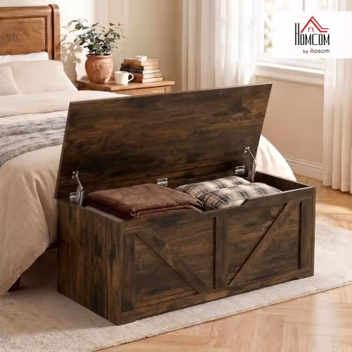HOMCOM Storage Trunk Bench with Soft Close Lid, Rustic Brown, W: 100 cm, D: 45 cm, H: 40 cm – 2