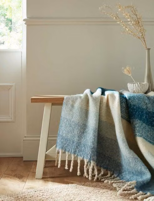 Laura Ashley Ortonby Woven Striped Throw with Fringes in Blue, Pink, Beige and Green, W/D: 170 x 130 cm