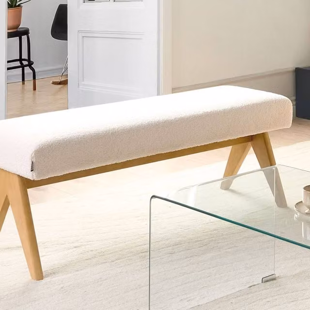 Wyld and Coco Bouclé Bench in White and Brown with Rubberwood Legs