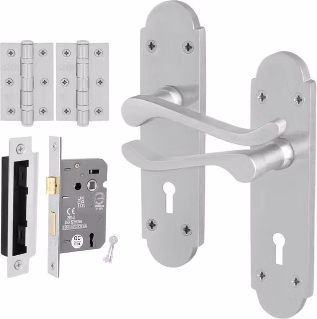 AFIT Satin Chrome Door Handle Lock Set with Silver Hinges and Matt Steel Backplates, Size: 150mm x 150mm – 1