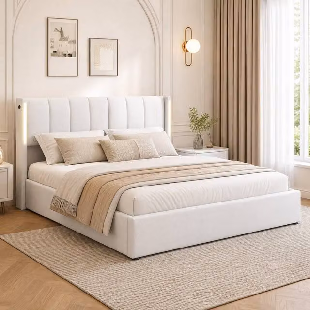 STILVORA Modern Upholstered 5ft King Bed in White PU Leather with USB Charging Port and Lift Up Base, W: 150 cm, L: 200 cm – 1
