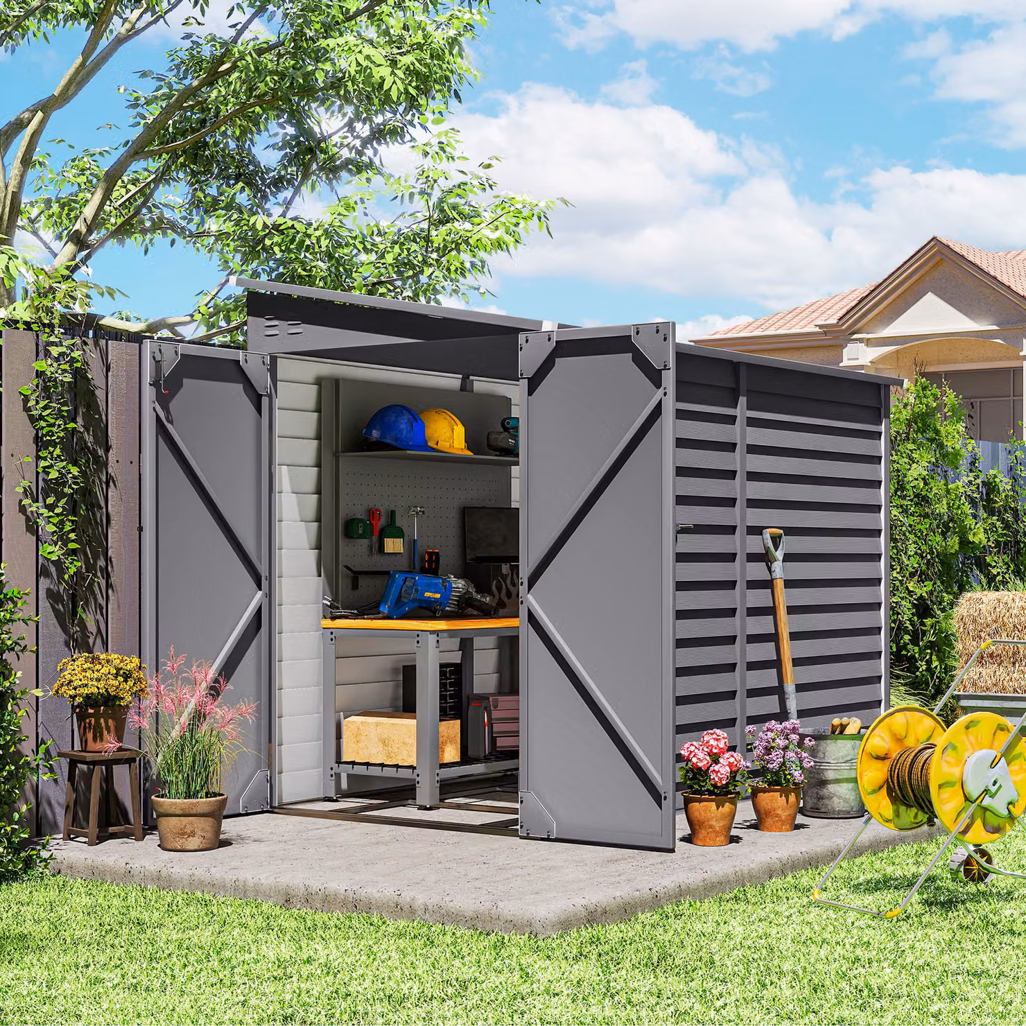 Outsunny Grey Galvanised Metal Lean-to Garden Shed with Foundation Kit and Lockable Double Doors – 2