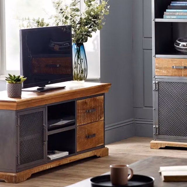 IH Design Industrial Acacia Wood and Metal TV Media Unit in Brown and White