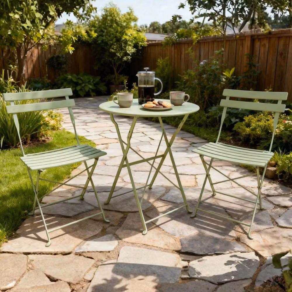 NESTLUNE Sage Green Metal Folding Bistro Set with Table and 2 Chairs – 2