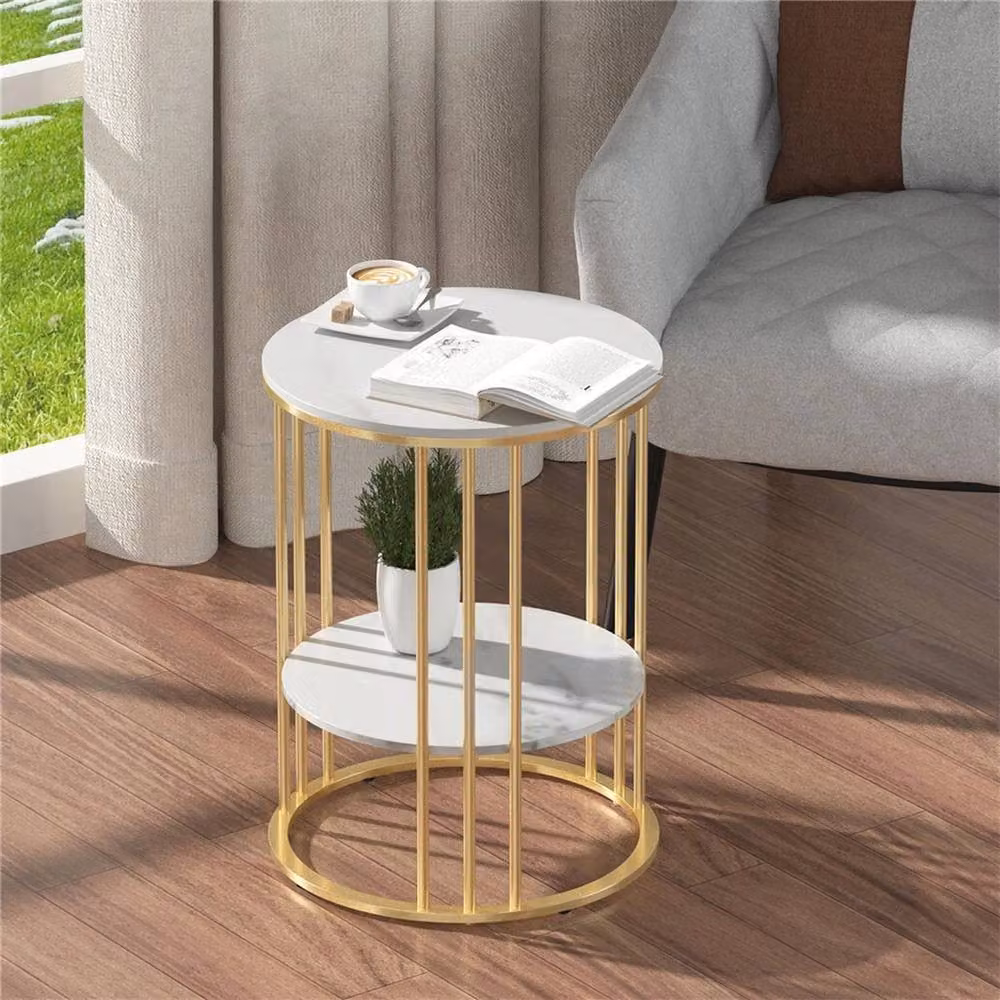 NESTLUNE White and Gold 2-Layer Marble Side Table with Ceramic Top and Round Stone Tiers – 3