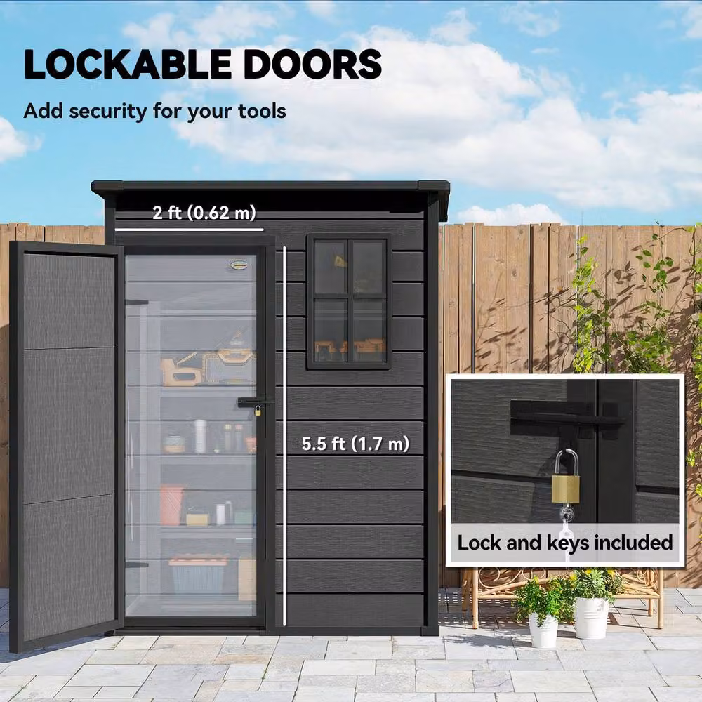 Outsunny Grey Plastic Pent Garden Shed with Floor, Window and Lockable Door, W/D/H: 152.4 x 91.44 x 144.78 cm – 6