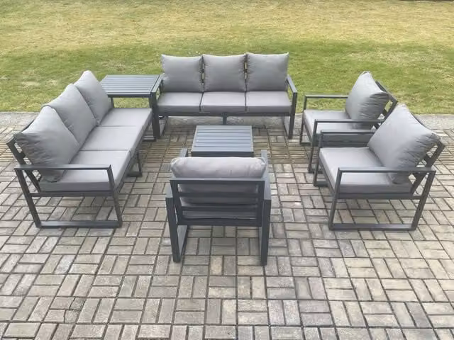 Fimous Aluminium Outdoor Garden Furniture Set in Dark Grey with 2 Seater Sofa, Lounge Armchairs, Coffee Table and Side Table