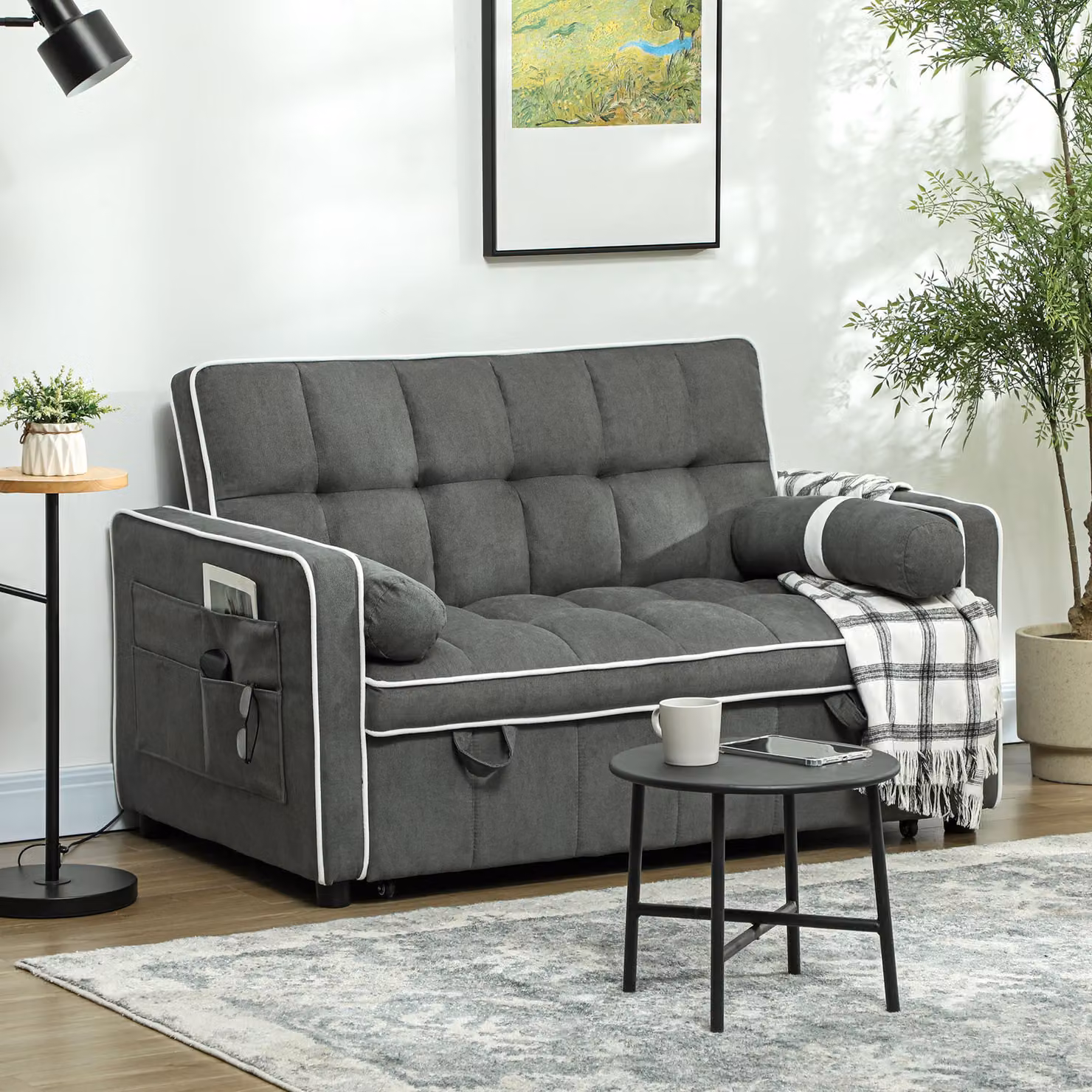 HOMCOM Two-Seater Linen-Look Sofa Bed in Charcoal Grey with Scatter Cushions – 2