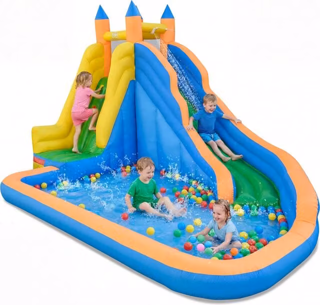 Costway 3-in-1 Kids Inflatable Bounce House Water Slide Park with Safety Net in Blue and Multicolour
