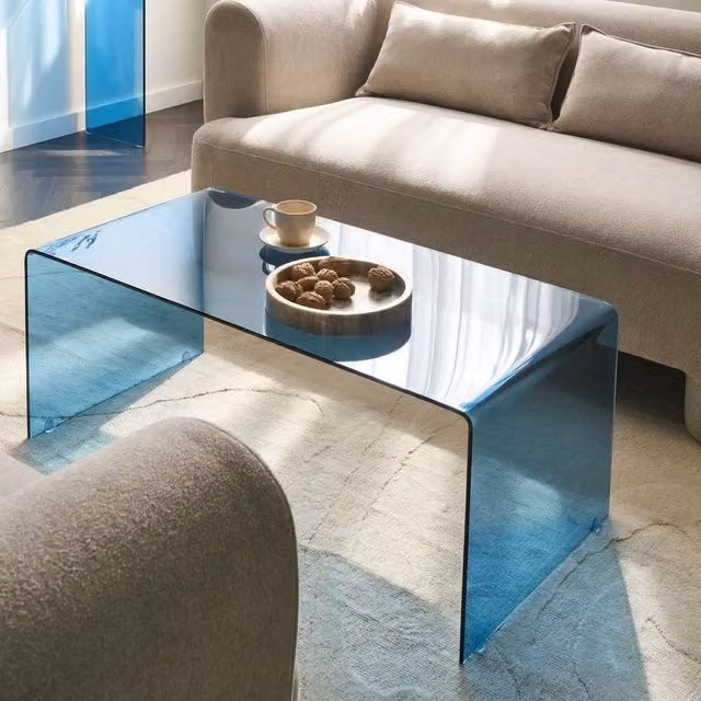 Wyld and Coco Vogui Blue Tempered Glass Coffee Table, W: 100 cm, D: 50 cm, H: 40 cm