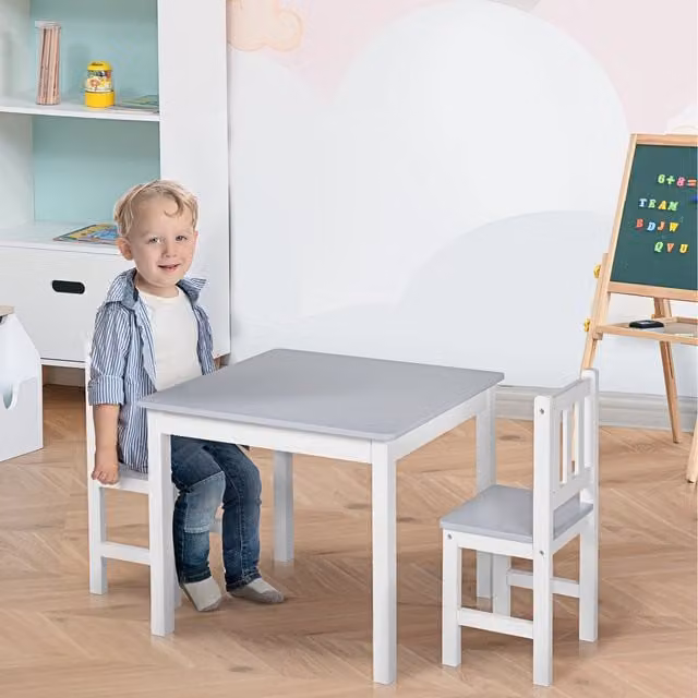 HOMCOM Kids Table and 2 Chairs Set, 3-Piece Multi-use Toddler Desk in Grey and White