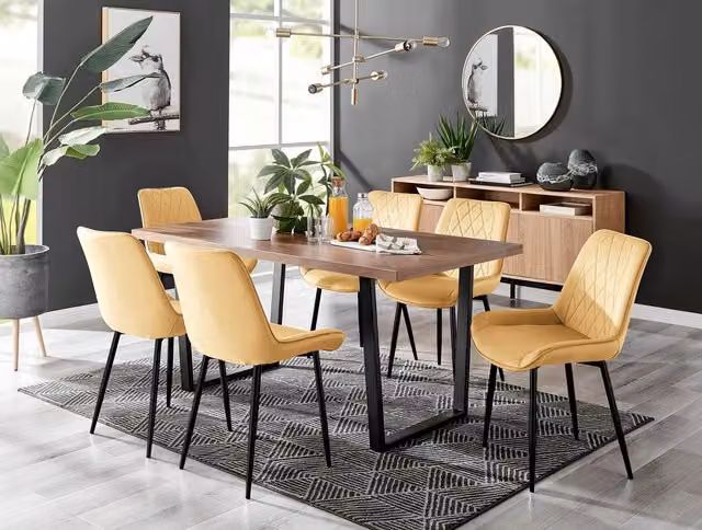 FurnitureboxUK Kylo Brown Wood Effect Dining Table and 6 Pesaro Mustard Velvet Chairs with Black Legs – 1