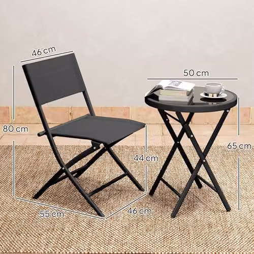 Outsunny 3 Piece Outdoor Bistro Set with Glass Top Round Table and 2 Folding Chairs in Black – 5