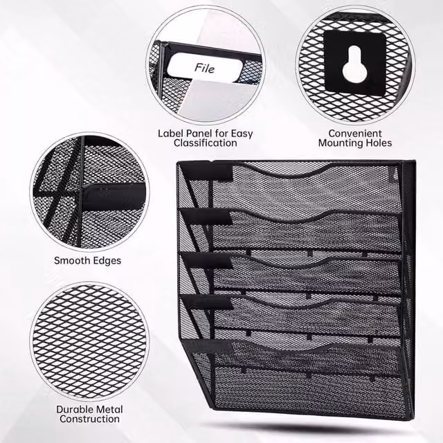 VOGREX 5-Tier Wall Mounted A4 Magazine Rack and Brochure Holder in Matt Black – 1