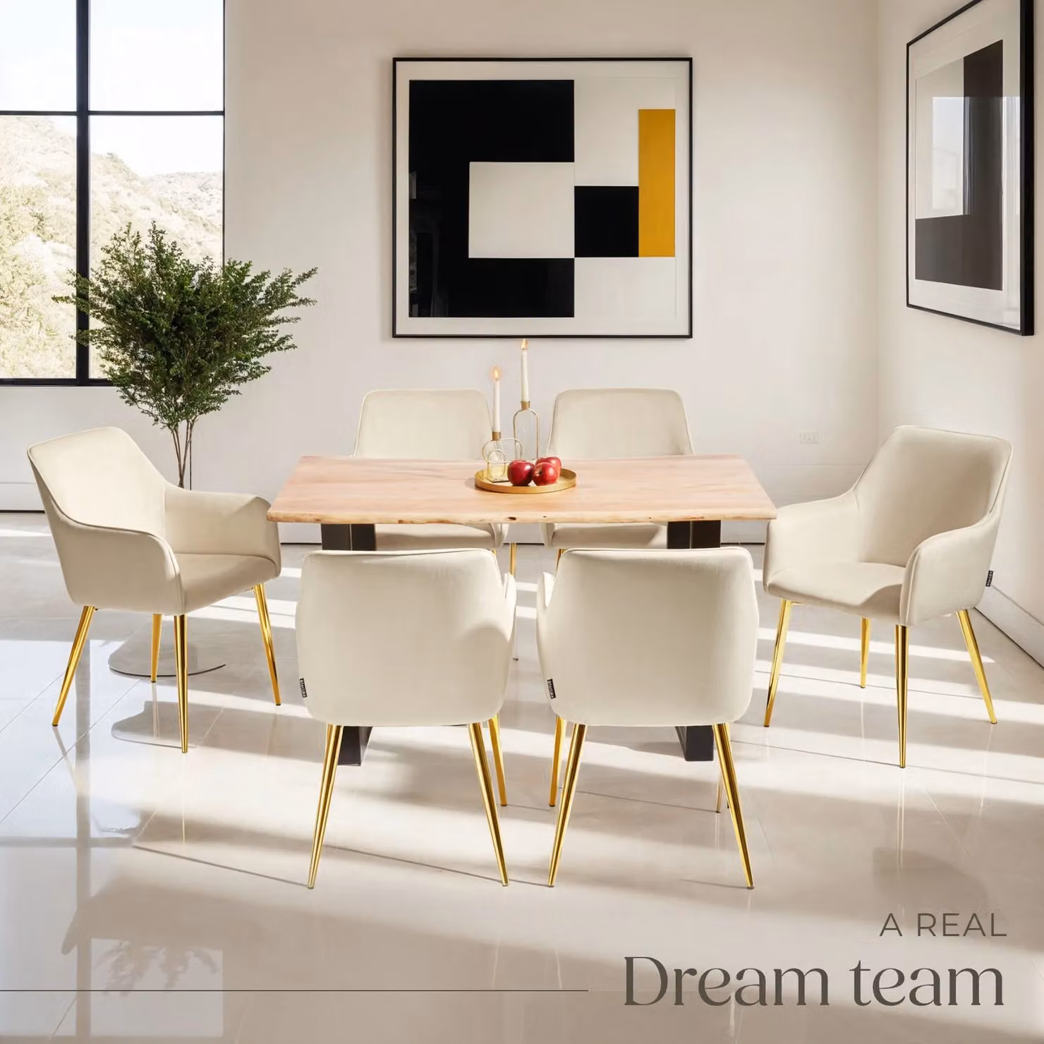tectake Avane Set of 2 Modern Velvet Dining Chairs with Armrests in Beige – 3