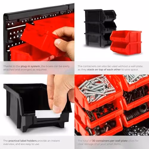 tectake 64 Piece Wall-Mounted Plastic Storage Organiser Set with 2 Pegboards and 62 Bins in Black and Red – 4