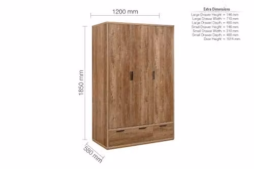 Birlea Stockwell 3 Door 2 Drawer Wardrobe in Rustic Oak Effect, Brown and Black, H 185 x W 120 x D 58 cm – 2