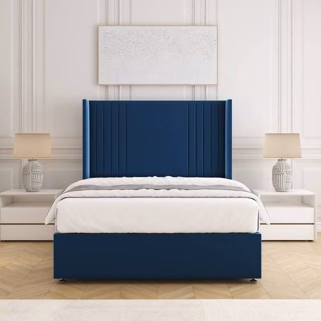 BSSPOKE Cheshire Single Divan Bed with 54 inch Headboard and 10 inch Mattress in Blue Plush Velvet