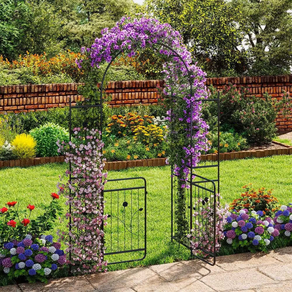 Costway Metal Garden Archway with Lockable Gate and Trellis in Black, Height: 220 cm – 4