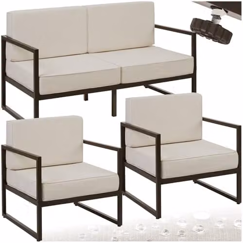tectake Minimalist Garden Furniture Set in White with 2-Seater Sofa, 2 Lounge Armchairs and Upholstered Cushions with Powder Coated Steel Frames – 1
