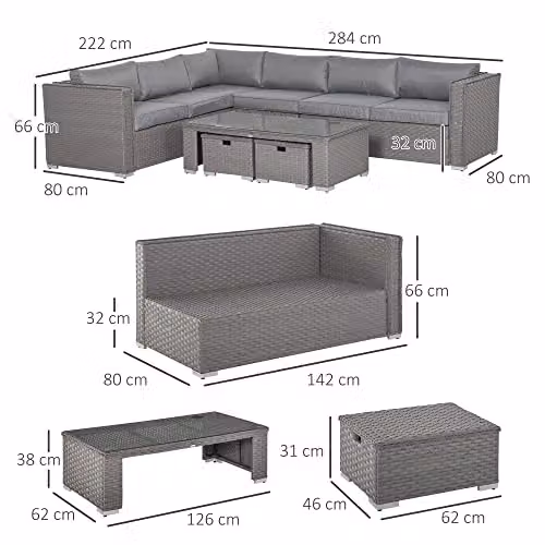 Outsunny 6 Piece Grey PE Rattan Corner Sofa Set with Upholstered Cushions, Coffee Table and Ottoman, Powder Coated Aluminium Frame – 3