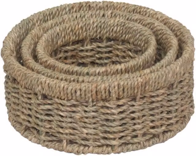 Set of 3 Red Hamper Round Seagrass Trays in Green and Beige