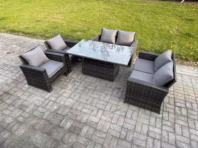 Fimous 6 Seater Rattan Garden Furniture Set with Rising Lifting Table and Double Seat Sofa in Dark Grey