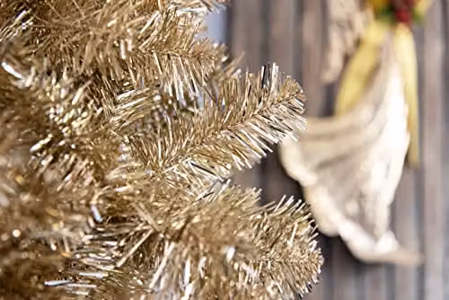 Shatchi 7ft Artificial Christmas Tree in Champagne Gold with Shiny Tinsel Tips and Hinged Branches – 3
