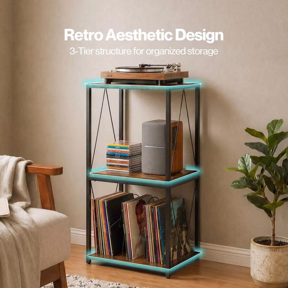 Kelvenix Retro 3 Tier Record Player Stand with Storage in Brown – 3