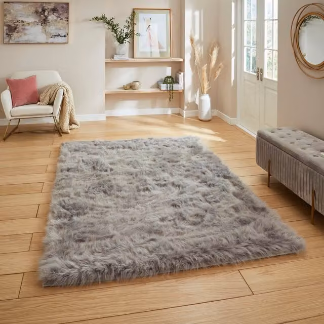Terrys Polar Plush Shaggy Grey Rectangular Hand Tufted Faux Fur Rug