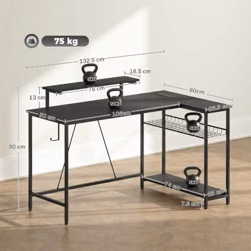HOMCOM L-Shaped Gaming Desk with LED Lights and Power Outlet, Black – 3