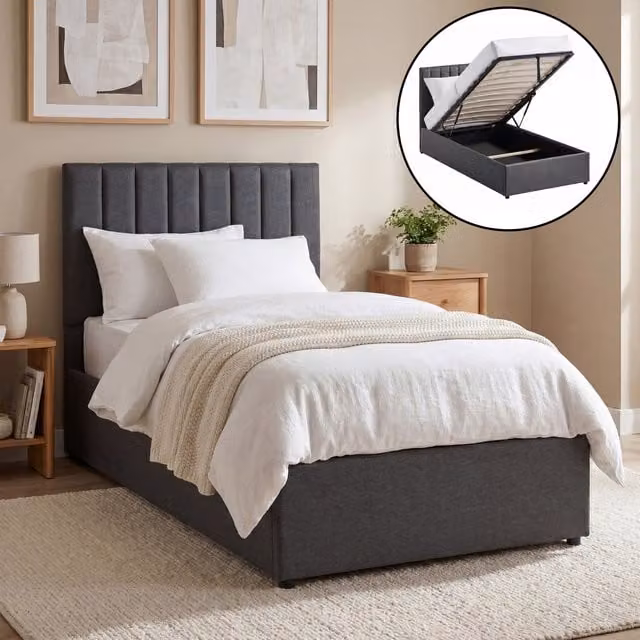 Vida Designs Vellaro Ottoman Fabric Bed with Mattress, Grey, W/D/H: 90 x 190 x 211 cm