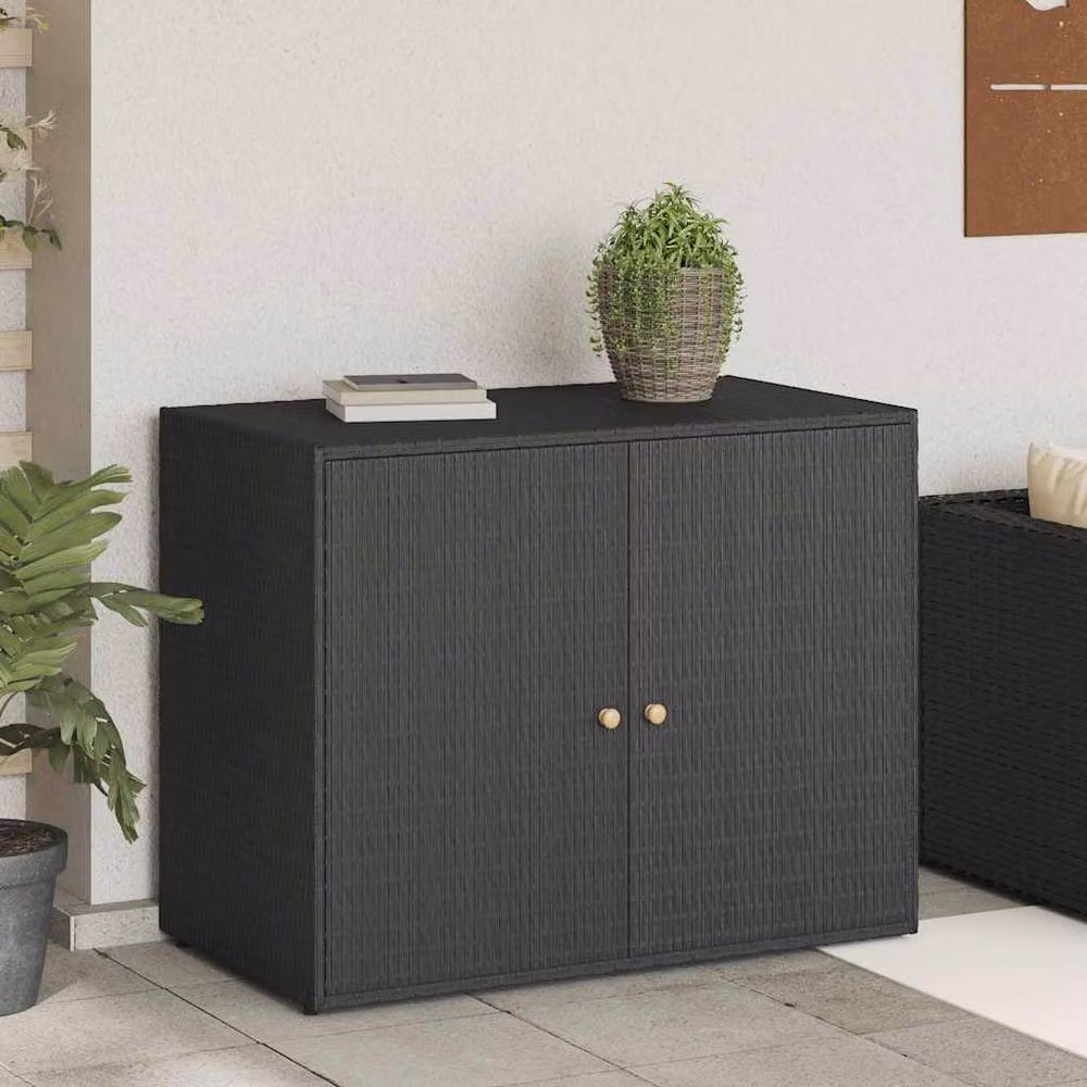 Berkfield Home Garden Storage Cabinet in Black with Acacia Wood and Poly Rattan, W/D/H: 100 x 55.5 x 80 cm – 2