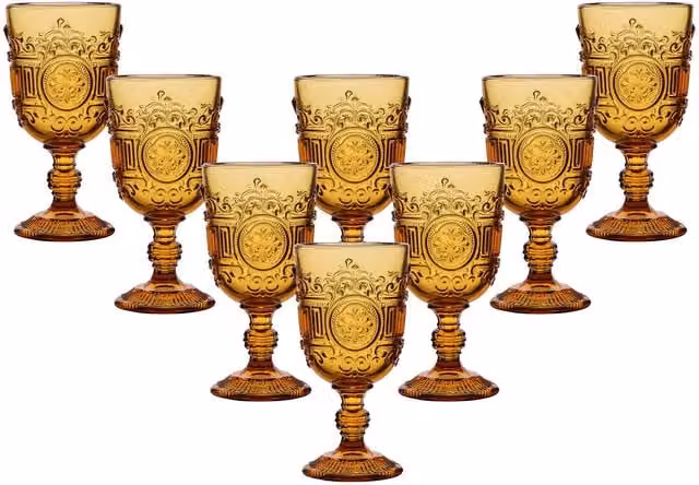Dibor Set of 8 Amber Embossed Vintage Luxury Wine Glass Goblets, 300ml, Yellow – 1