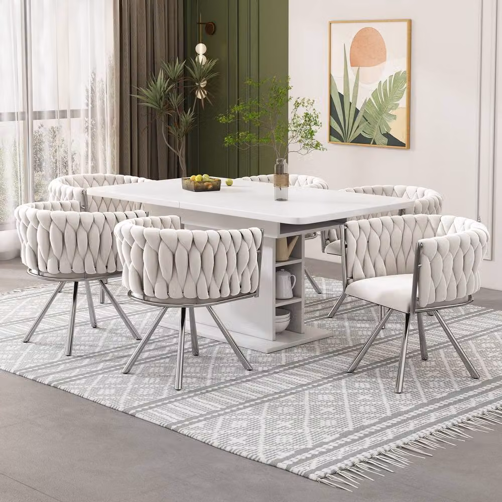 Rolipo Set of 6 Beige Velvet Swivel Dining Chairs with Silver Metal Legs – 2