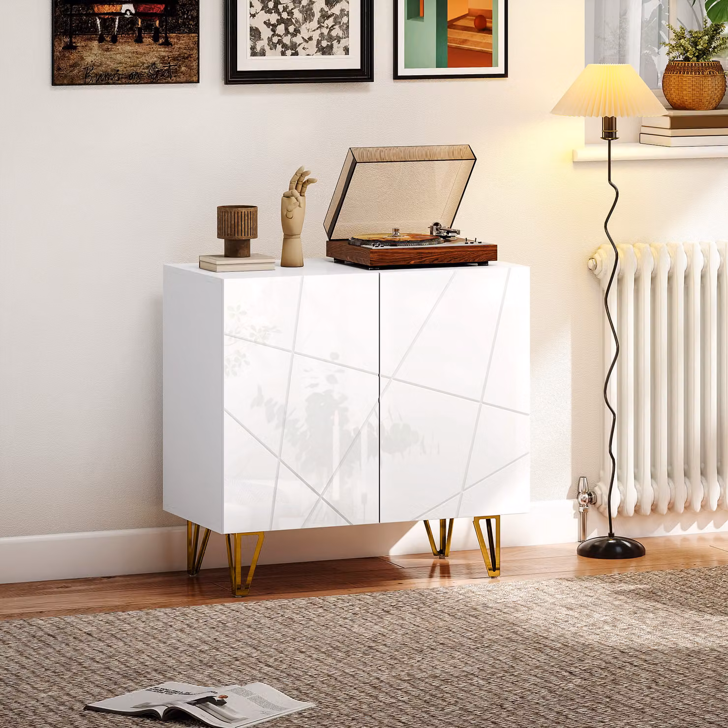 HOMCOM Modern Luxe High Gloss Sideboard in White and Gold with Hairpin Legs – 2
