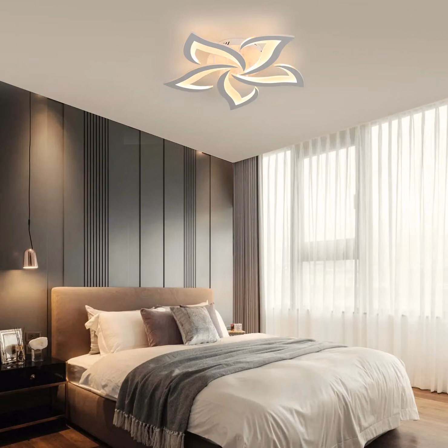 Pheashine Modern White 5-Petal LED Ceiling Light, 60W, 3000K Warm White, W/D/H: 58 x 58 x 8 cm – 4