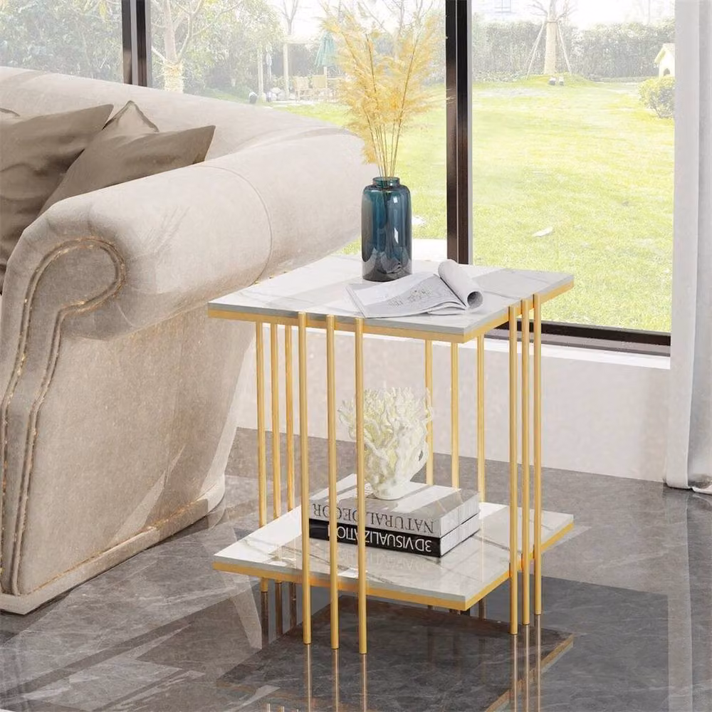 KORVIXA Modern Square Ceramic Coffee Table in White and Gold with Abstract Marble Effect – 2